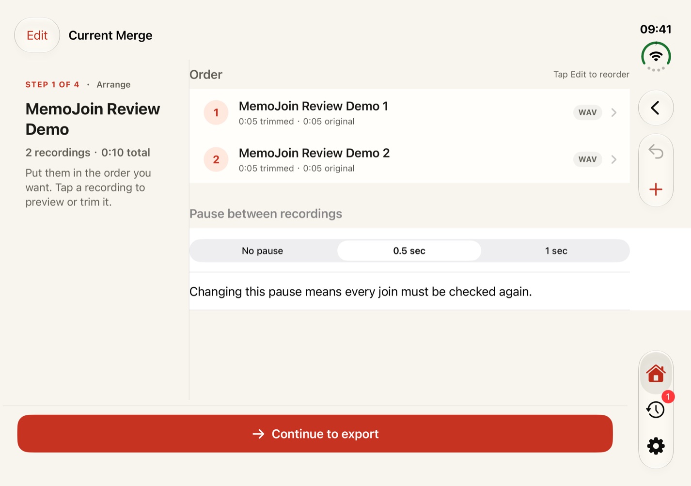Two real demo recordings in a two-column arrangement, with a merge overview and pause controls