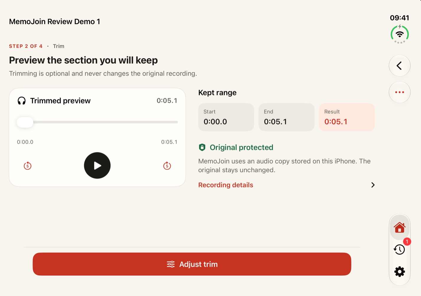 Audio preview controls beside start, end and kept duration in MemoJoin on an expanded Duo display