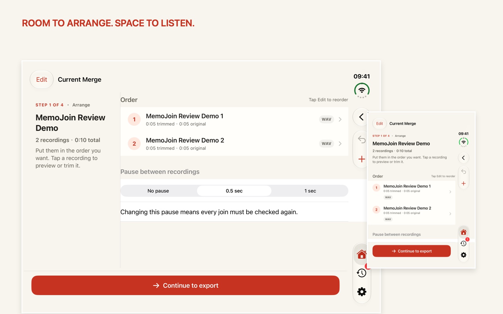 MemoJoin on iPhone Duo, showing the expanded two-column arrangement and the compact closed-screen layout