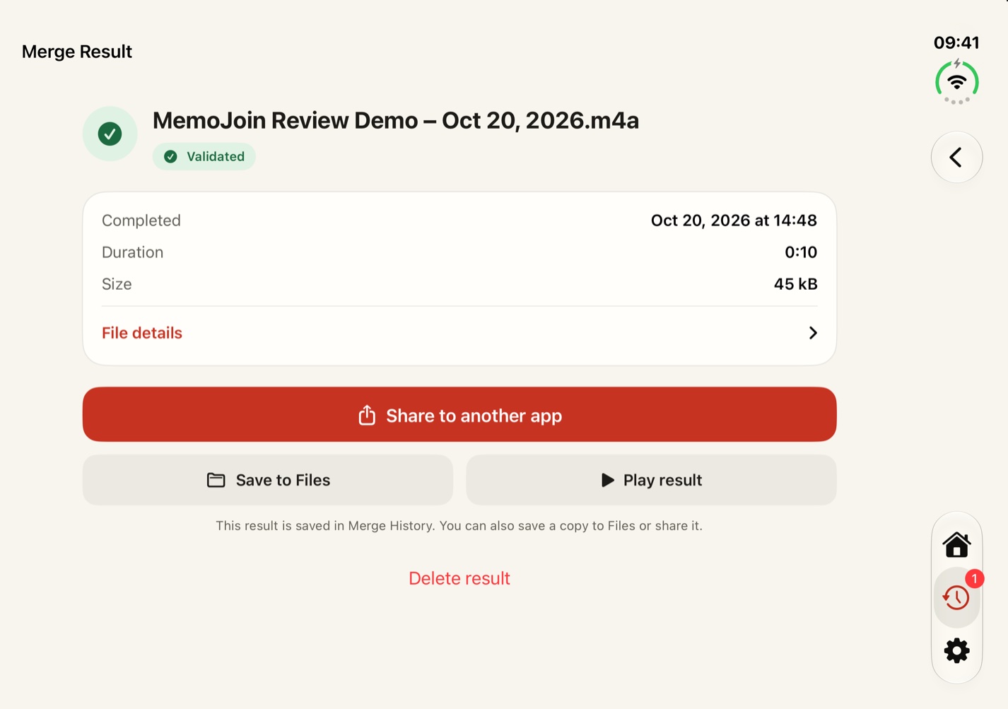A validated M4A merge result with playback, Save to Files and Share controls
